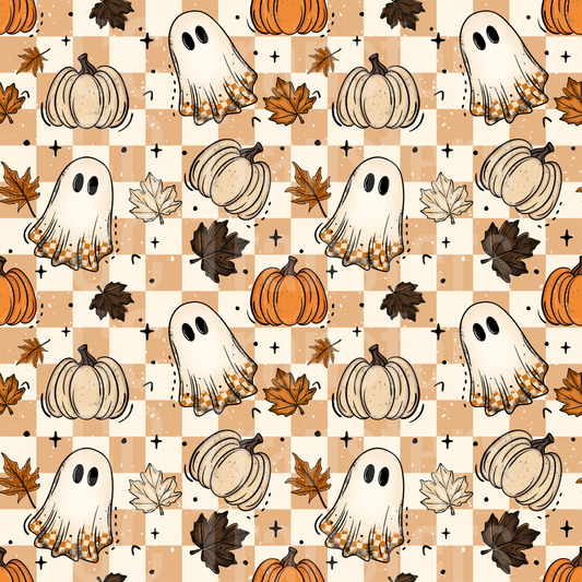Boho Halloween Ghosts Pumpkins Fall Leaves Checker (DTF)