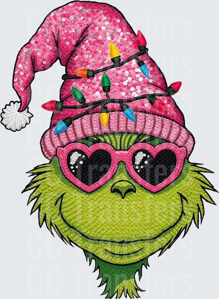 Fuzzy Green Christmas Character Pink Sequin Hat Lights (DTF)