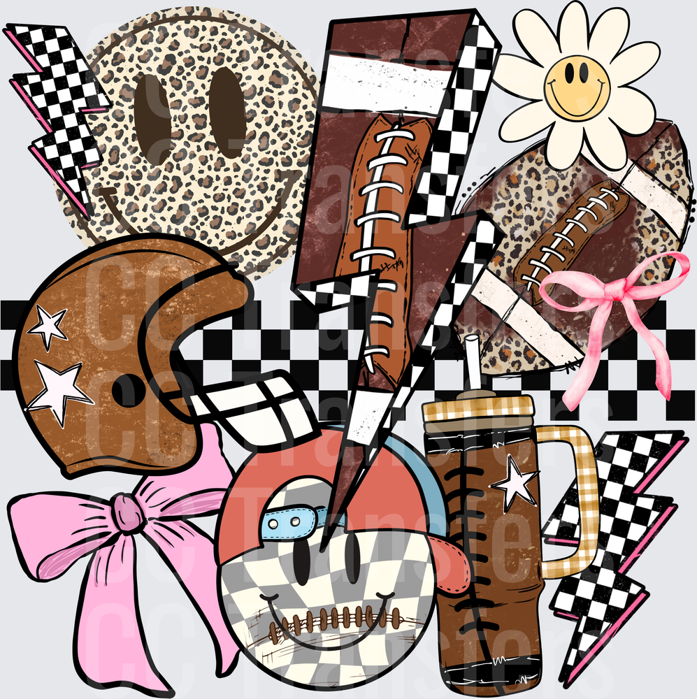 Retro Football Checkered Smiley Leopard Pink Bow Bundle (DTF)