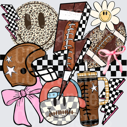 Retro Football Checkered Smiley Leopard Pink Bow Bundle (DTF)