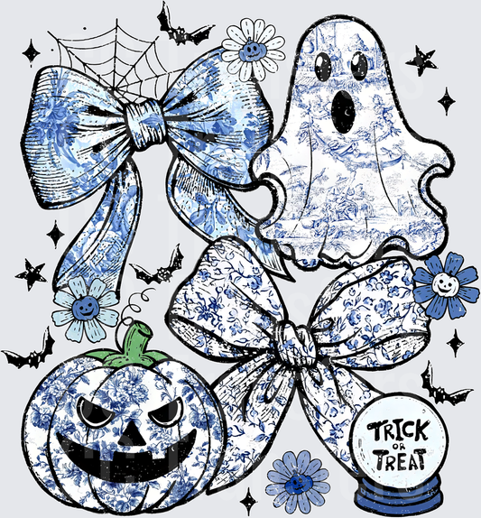 Blue Toile Halloween Ghost Pumpkin Bow Trick or Treat (DTF)