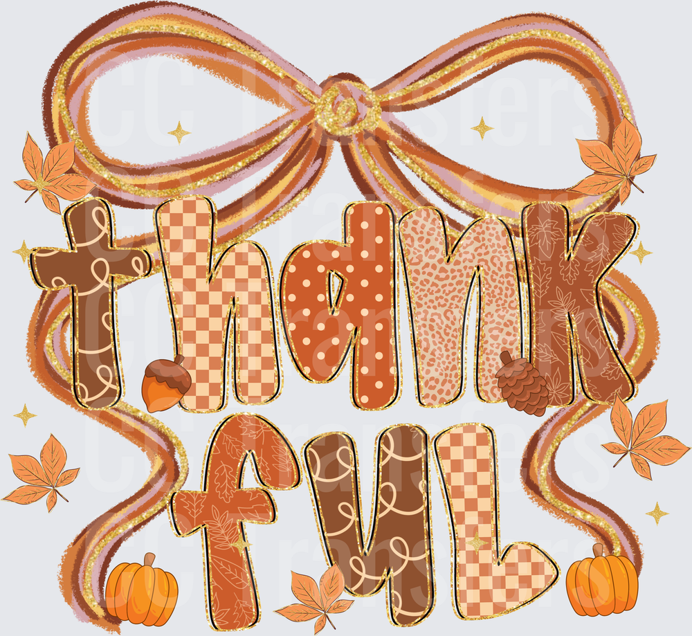 Thankful Patchwork Letter Bow Fall Leaves Pumpkins (DTF)