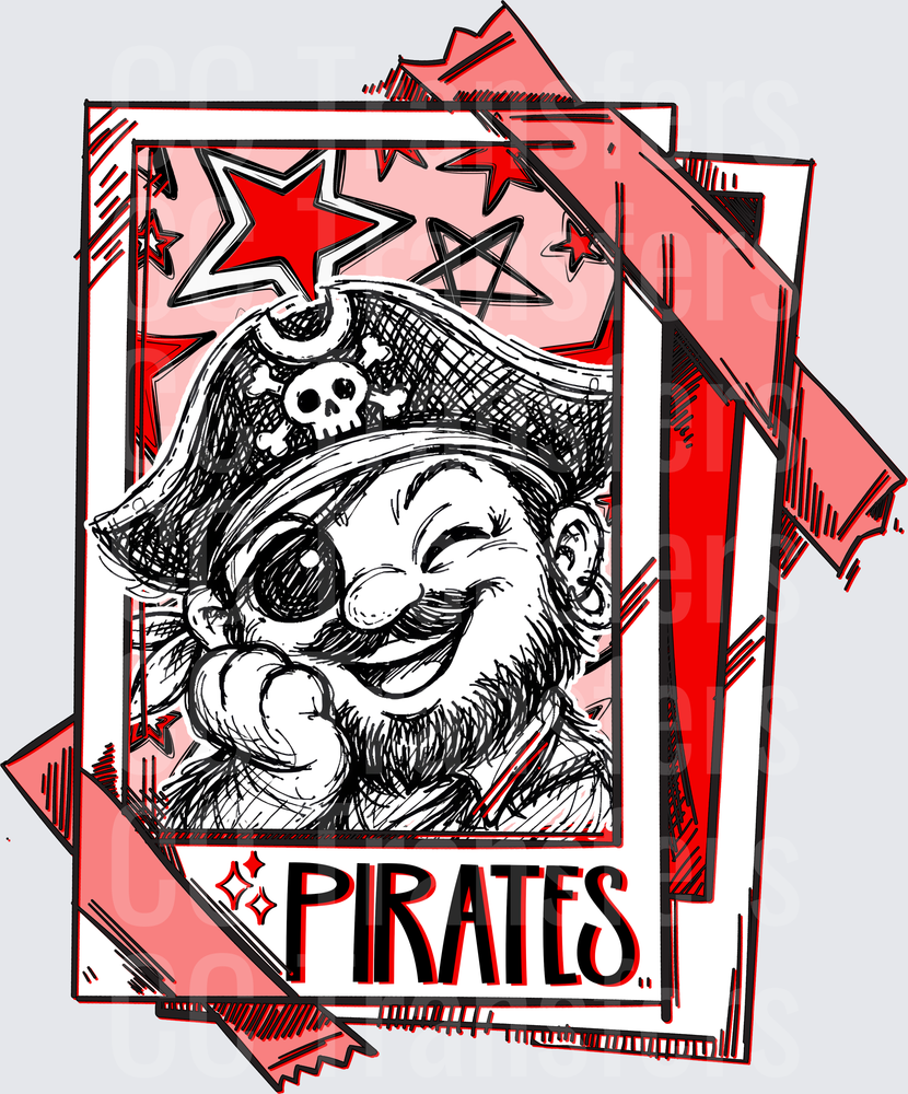Grinning Bearded Pirate Captain Sketch Red Stars DTF