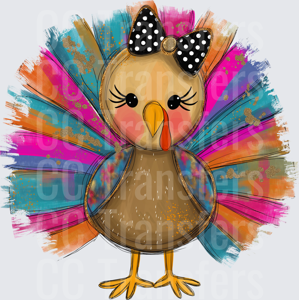 Cute Girl Turkey Black Polka Dot Bow Colorful Feathers (DTF)