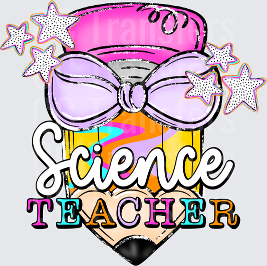 Science Teacher Pencil with Bow and Stars (DTF)