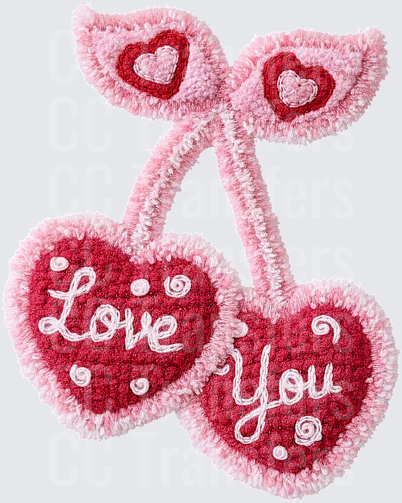 Fuzzy Valentine Cherry Hearts Love You (DTF)