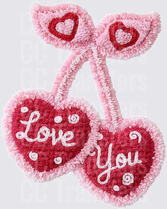 Fuzzy Valentine Cherry Hearts Love You (DTF)