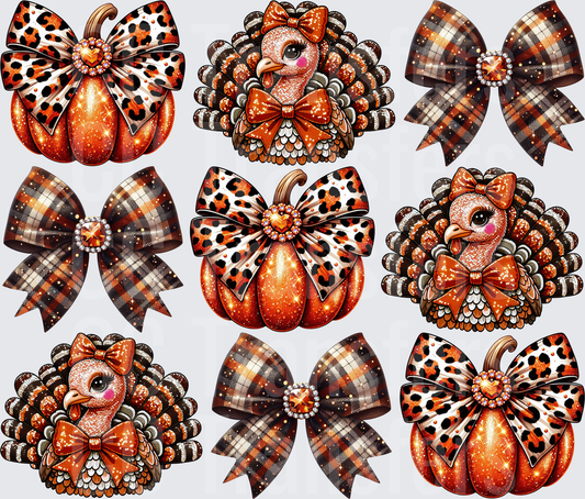 Glitter Thanksgiving Turkey Pumpkin Bow Bundle (DTF)