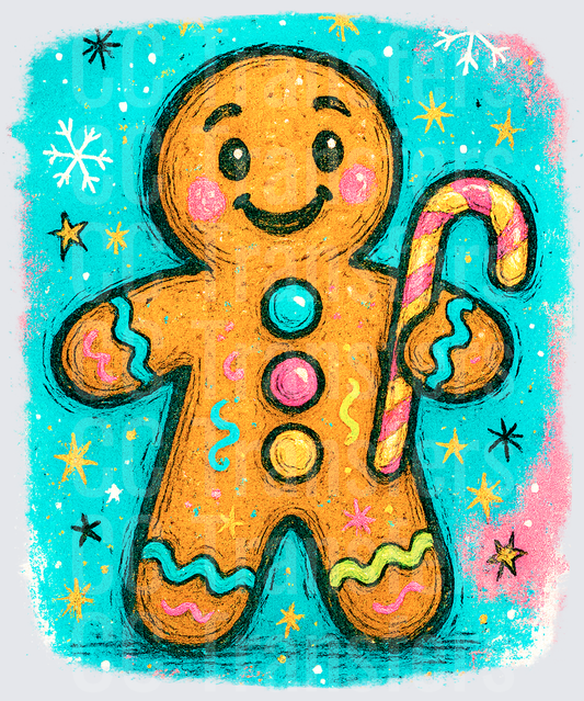 Cheerful Gingerbread Man Holding Candy Cane Christmas (DTF)