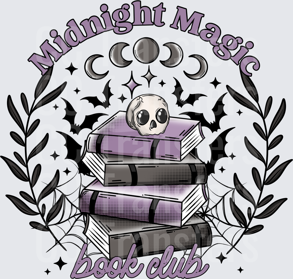 Midnight Magic Book Club Skull Stack Bats Moon Phases (DTF)