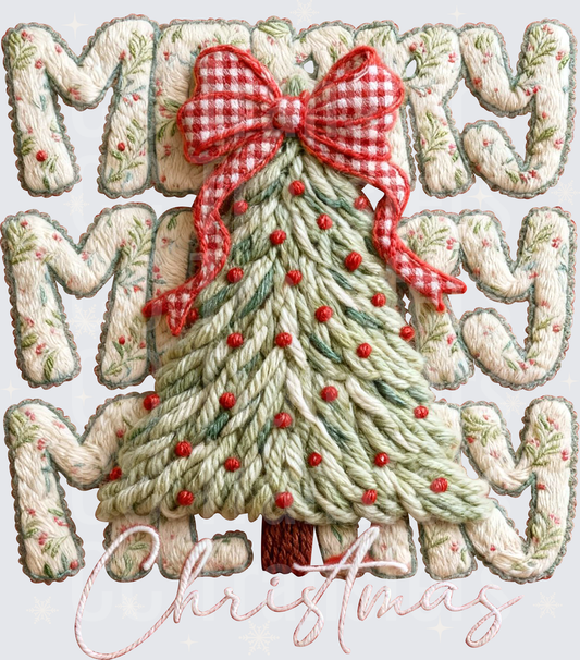 Merry Christmas Embroidered Tree Red Bow Design (DTF)