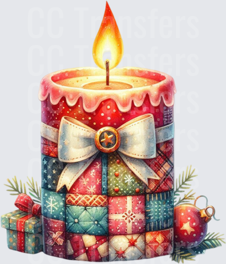Watercolor Christmas Patchwork Candle with Bow (DTF)