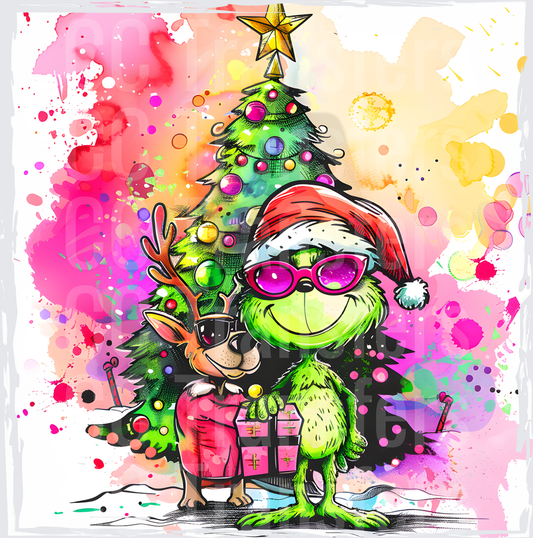 Grinchy Green Creature Santa Hat Reindeer Christmas Tree DTF