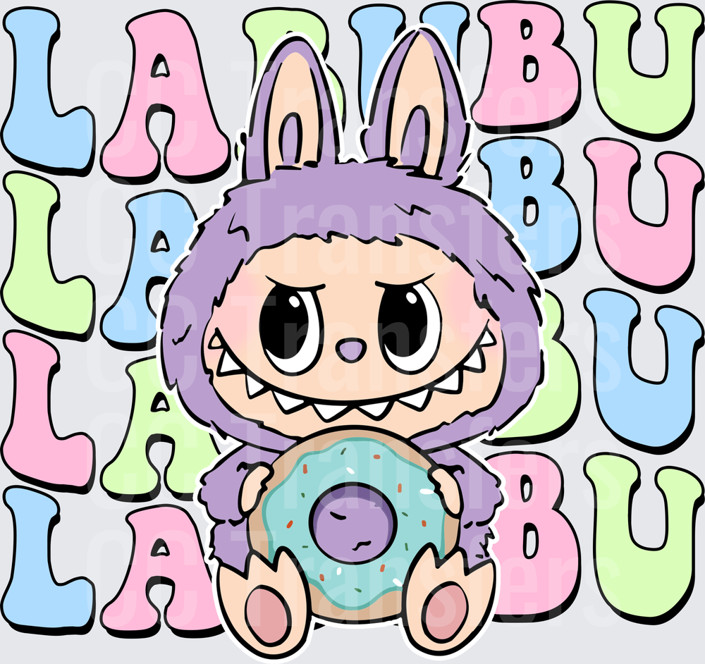 Pastel Purple Fuzzy Bunny Monster Holding Donut DTF