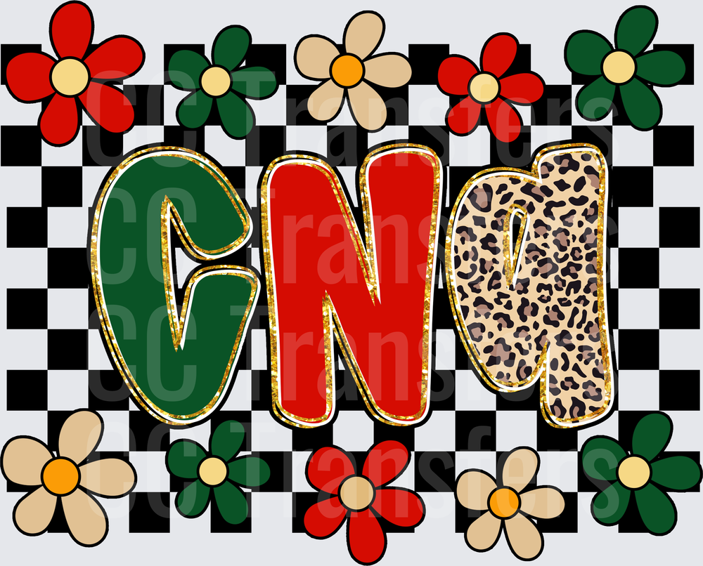 Retro Checkered CNA Floral Leopard Gold Letters (DTF)