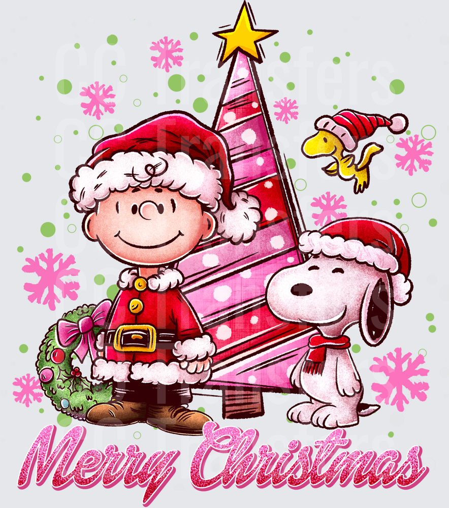 Merry Christmas Santa Boy Dog Bird Pink Tree (DTF)