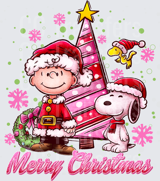 Merry Christmas Santa Boy Dog Bird Pink Tree (DTF)