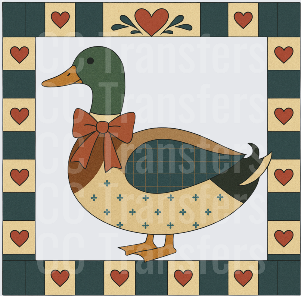 Primitive Country Mallard Duck With Red Bow Heart Border (DTF)