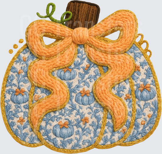Embroidered Floral Pumpkin with Orange Yarn Bow (DTF)