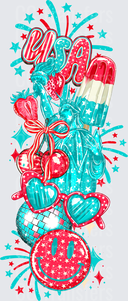 Retro Patriotic USA Collage Red Teal Stars Smiley (DTF)