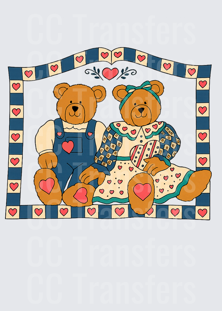 Country Couple Teddy Bears With Hearts Folk Art Border (DTF)