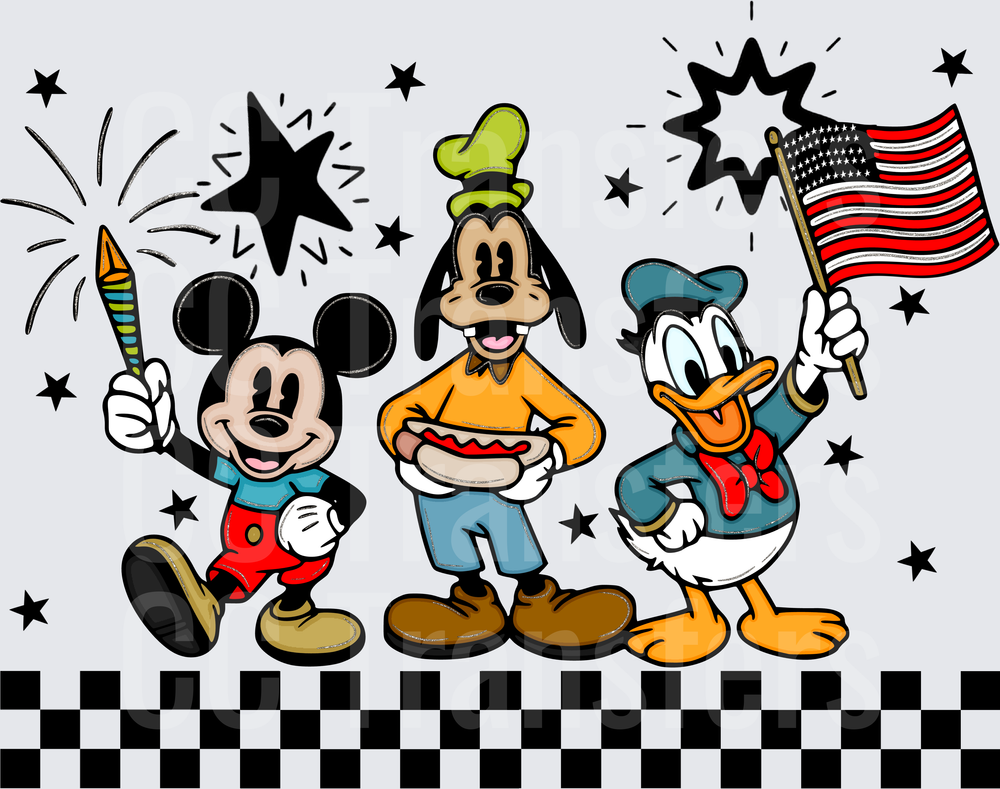 Cartoon Friends 4th of July Fireworks Flag Hotdog (DTF)