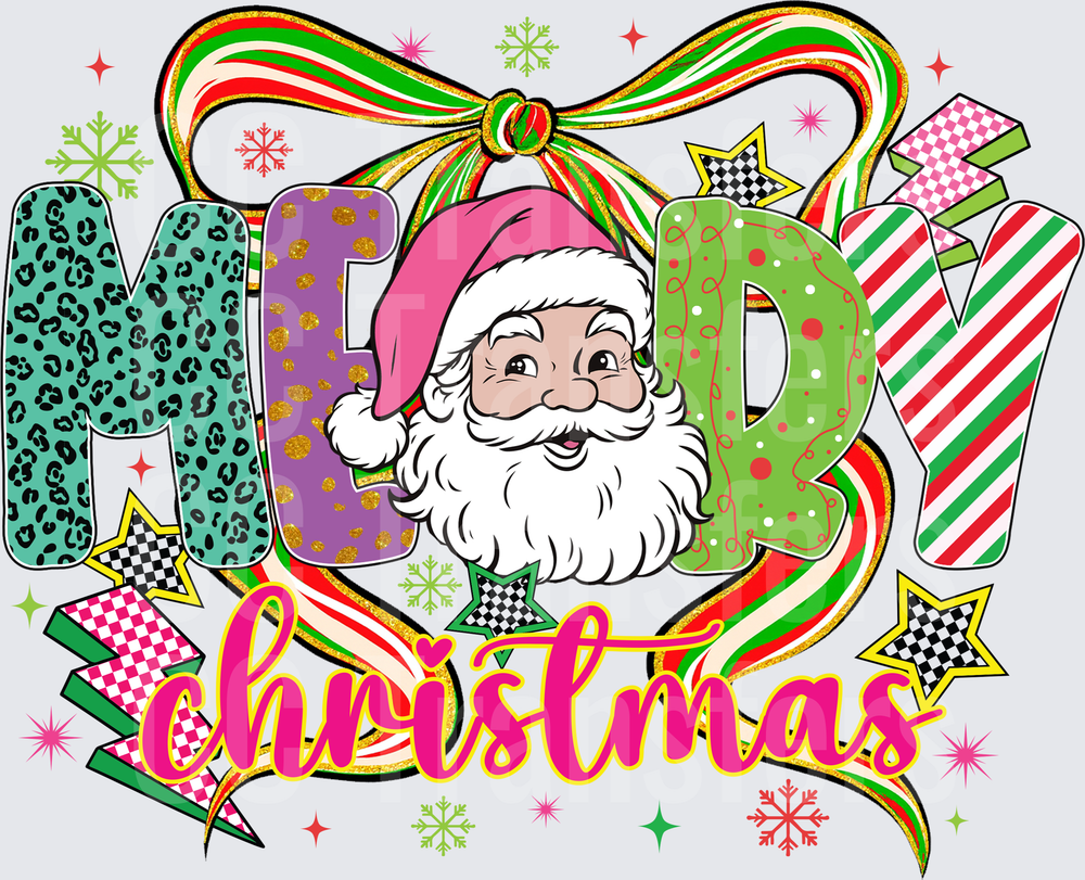 Merry Christmas Santa Winking Pink Hat Patterned Letters (DTF)