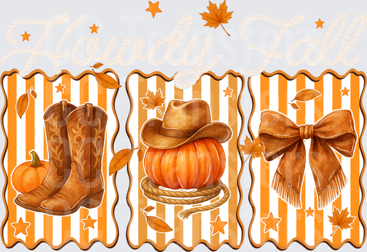 Howdy Fall Cowboy Boots Pumpkin Hat Bow Trio (DTF)
