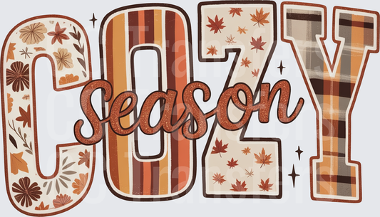 Cozy Season Fall Patchwork Letters Autumn Leaves (DTF)