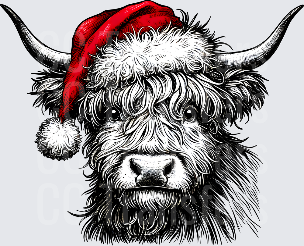 Highland Cow Santa Hat Christmas Black White Sketch (DTF)