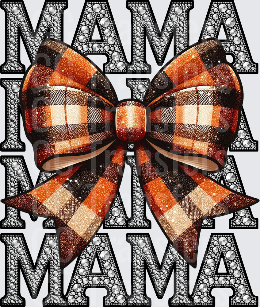 Rhinestone MAMA Stacked Letters Orange Plaid Bow (DTF)