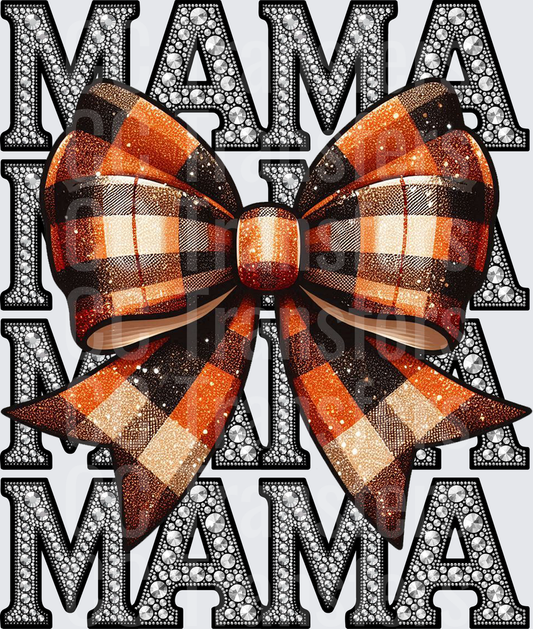 Rhinestone MAMA Stacked Letters Orange Plaid Bow (DTF)