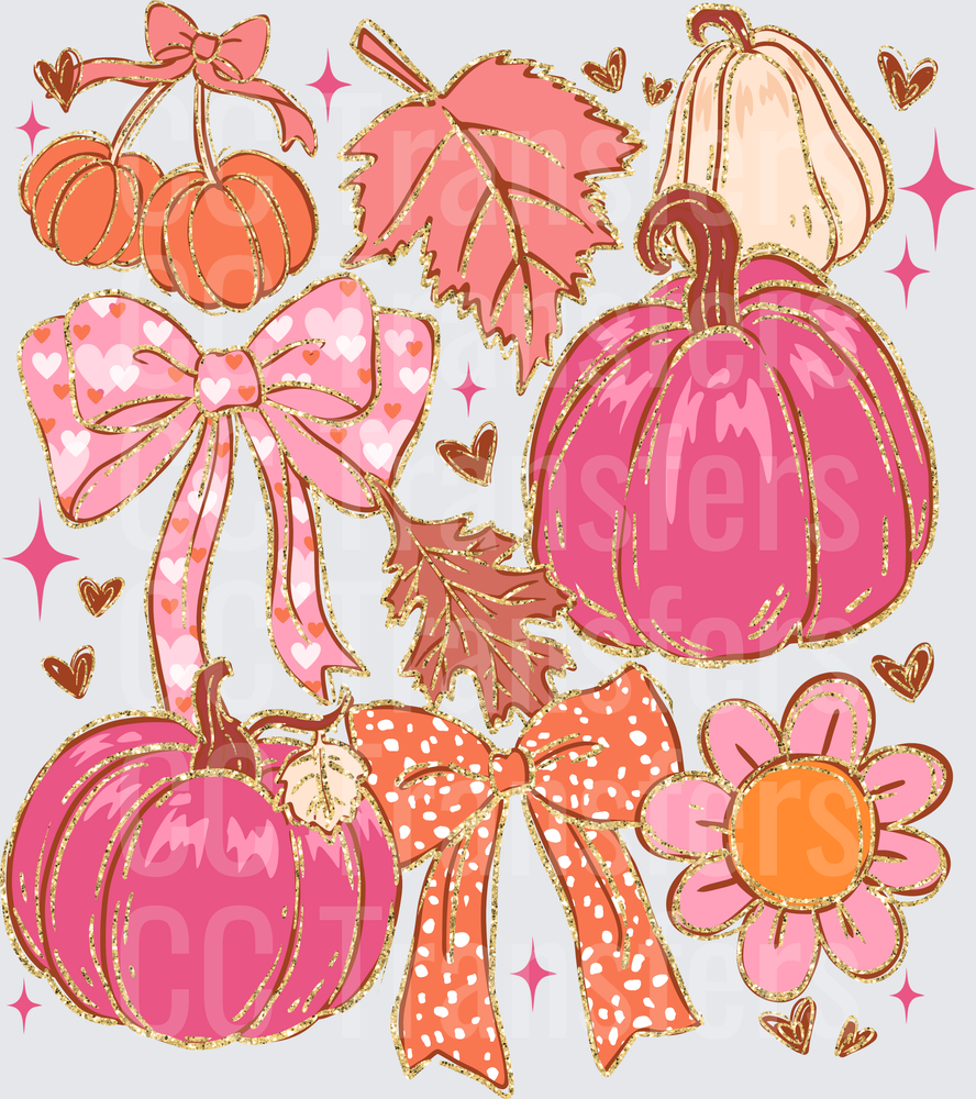 Girly Pink Pumpkins Bows Fall Leaves Glitter Collage (DTF)