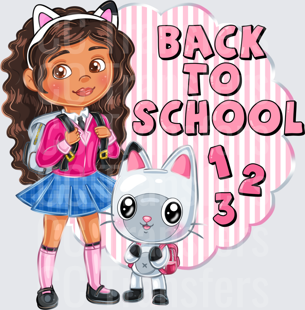 Curly Hair Girl with Cat Back to School 1 2 3 (DTF)