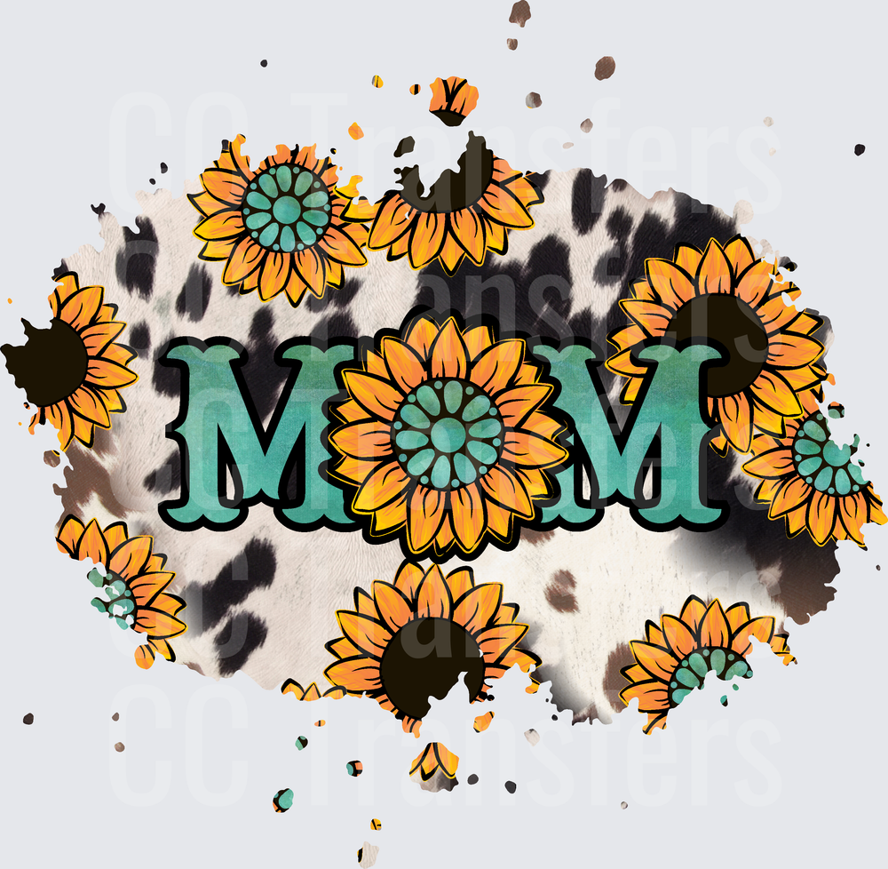 Teal MOM Sunflower Cowhide Western Floral Design (DTF)
