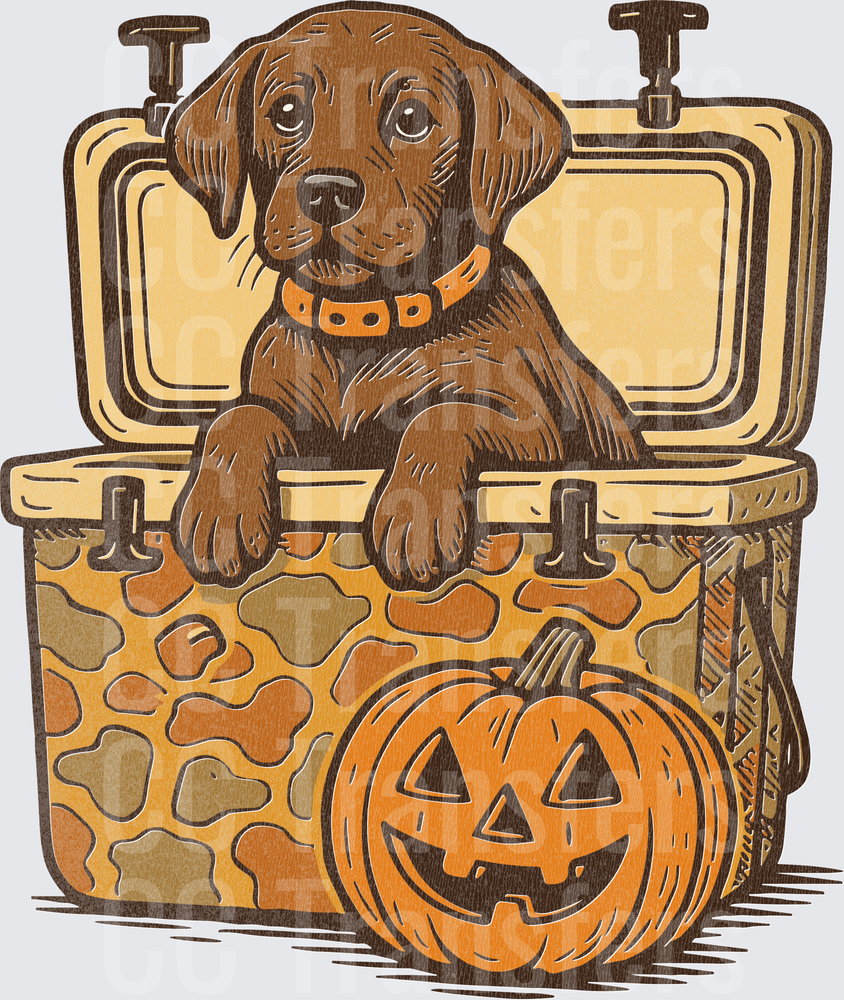 Chocolate Lab Puppy in Camo Cooler Halloween Pumpkin (DTF)