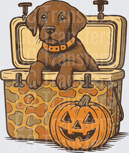 Chocolate Lab Puppy in Camo Cooler Halloween Pumpkin (DTF)