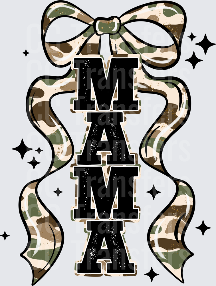 Mama Stacked Letters Camo Bow Sparkles Distressed (DTF)