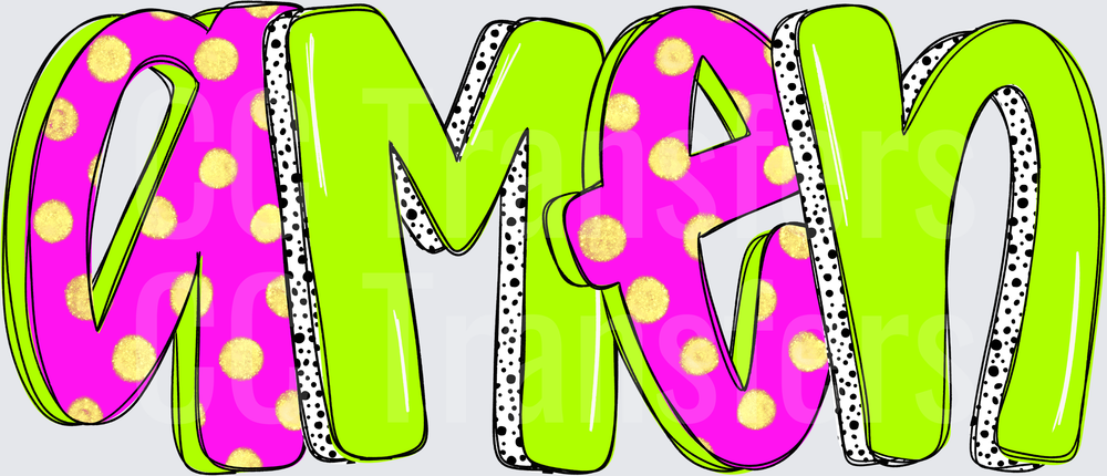 Amen Bold Doodle Letters Neon Pink Green Polka Dot (DTF)