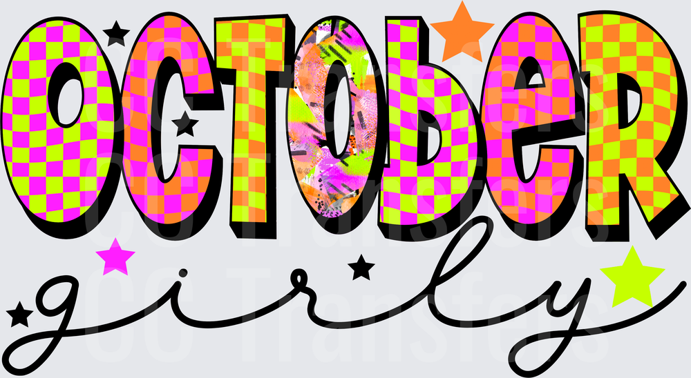 October Girly Bold Checkered Neon Star Typography (DTF)