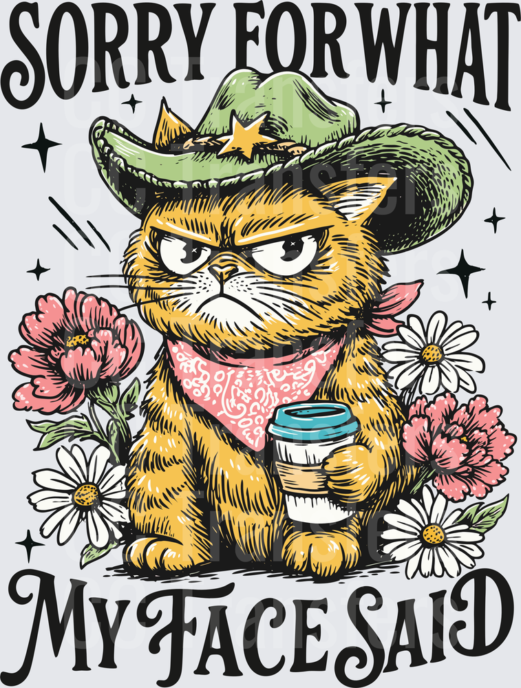 Sorry For What My Face Said Grumpy Cat Cowboy Coffee (DTF)