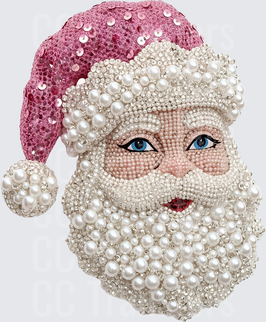 Bejeweled Santa Face Pink Sequin Hat Pearl Beard (DTF)