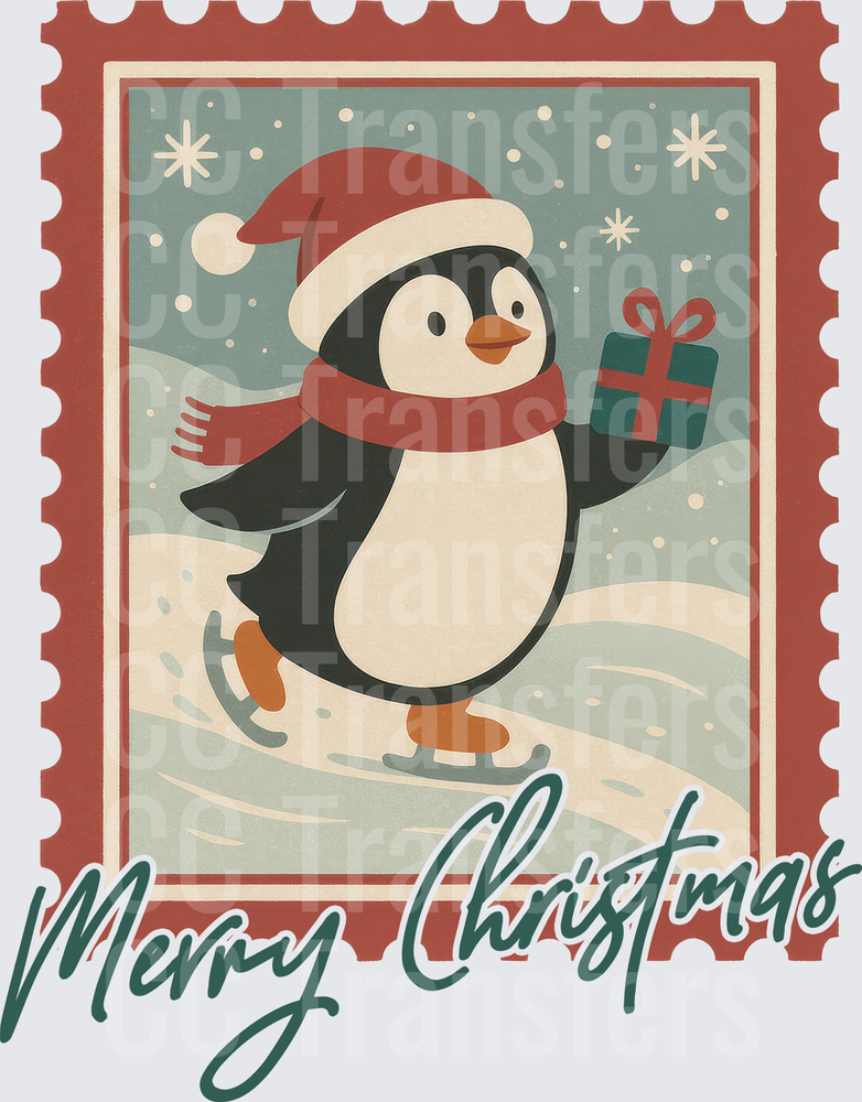 Merry Christmas Ice Skating Penguin Vintage Stamp (DTF)