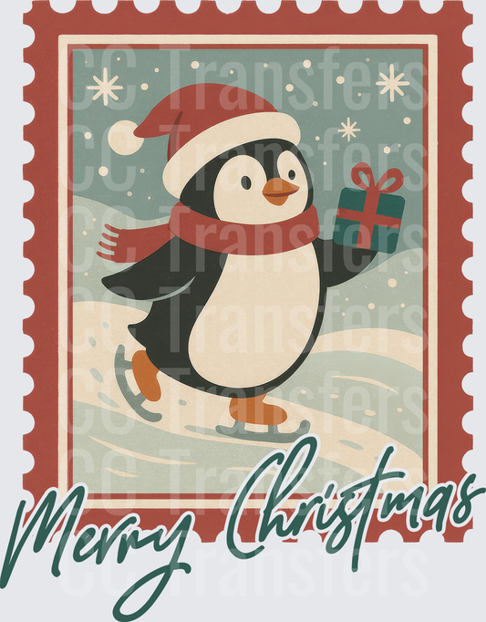 Merry Christmas Ice Skating Penguin Vintage Stamp (DTF)