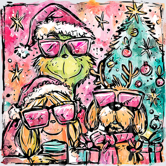 Pink Watercolor Christmas Grinch Trio with Sunglasses (DTF)