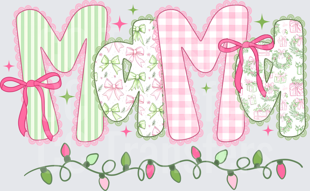 Coquette Christmas MOM Pink Green Lace Bow Letters (DTF)