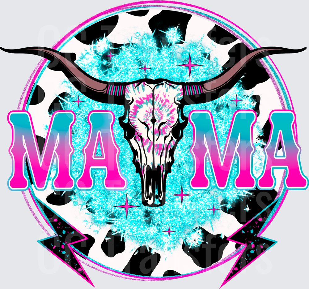 Mama Longhorn Skull Cow Print Glitter Bolt Design (DTF)