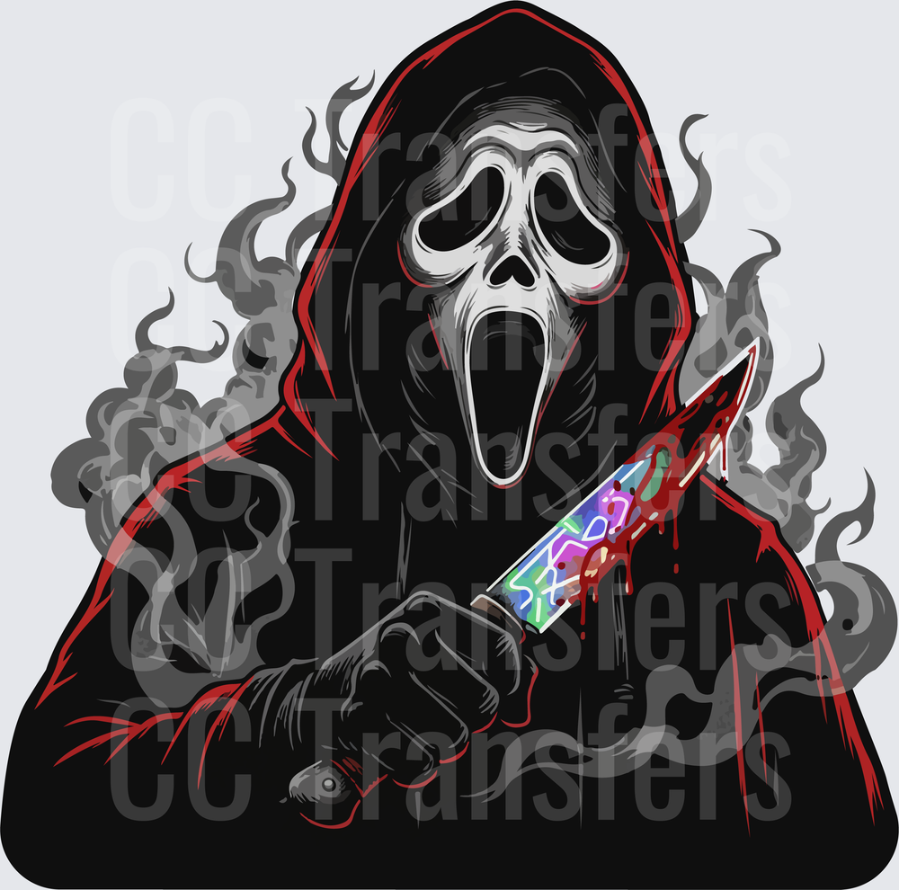 Hooded Ghost Face Killer with Bloody Neon Knife (DTF)