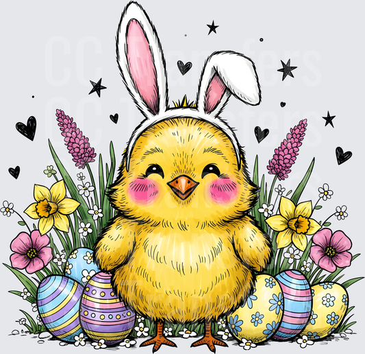 Cute Easter Chick Bunny Ears Spring Flowers Eggs (DTF)