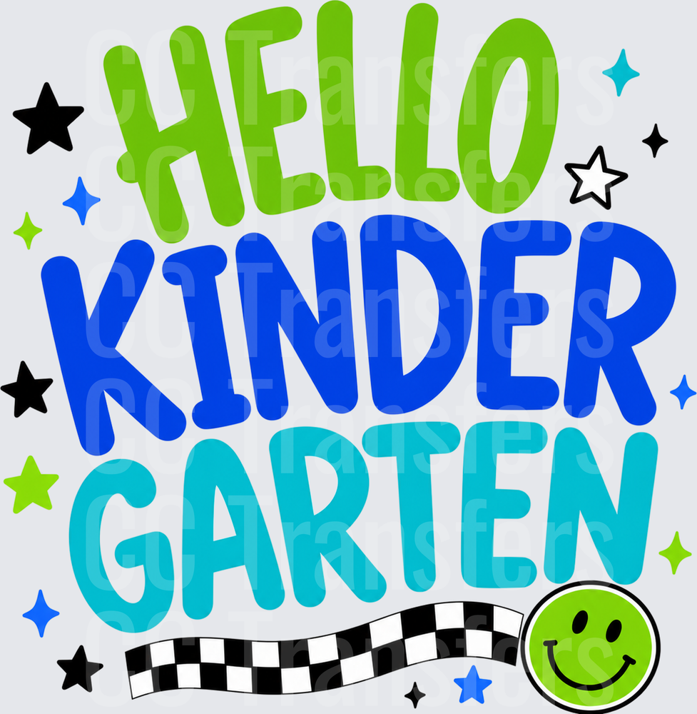 Hello Kindergarten Bold Text Stars Smiley Face (DTF)